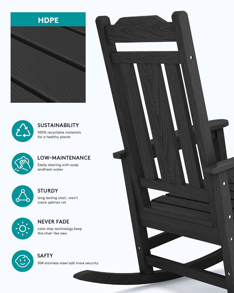 HDPE Oversized Outdoor Rocking Chairs Set of 2, Patio Rocker, Black | Heavy Duty Front Porch Rocker, All Weather