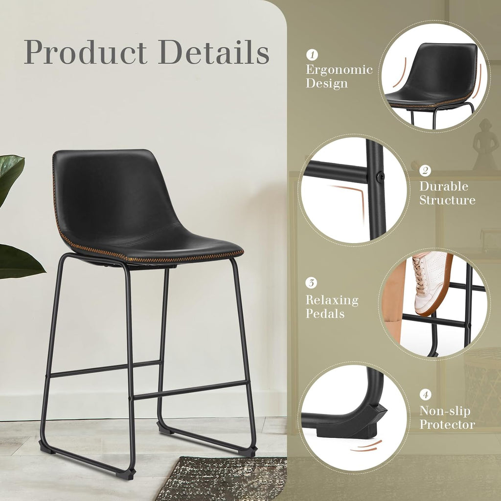Bar Stools Set of 2, 26 Inch Counter Height Faux Leather Barstools with Back, Modern Metal Leg Bar Chairs