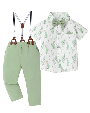 Baby Boy Dress Clothes Set Printed Shirt Aqua Green Suspender Pants Outfits Toddler Boy 12-18