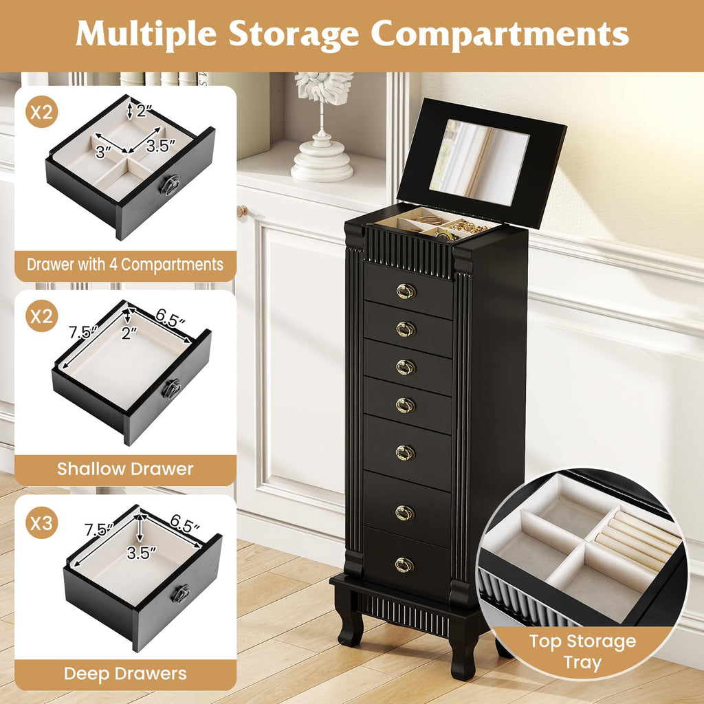 Standing Jewelry Cabinet with 7 Drawers, Flip-Top Mirror, Black