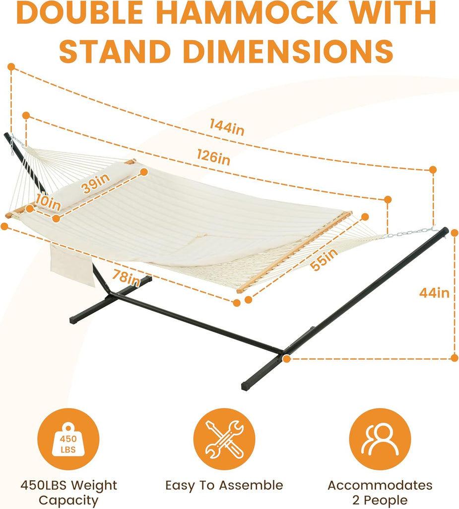 2 Person Portable Hammock with 12FT Stand, Double Hand Woven Cotton Rope Hammock with Detachable Quilted Pad & Pillow