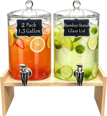 Glass Drink Dispenser with Bamboo Stand and Glass Lid, 2 Pack 1.3 Gallon - Set of 2