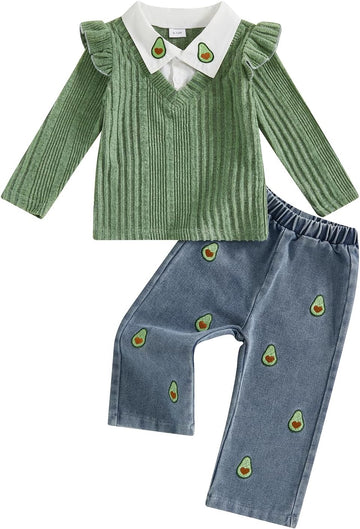 Baby Toddler Girl Outfits Ruffle Ribbed Collar Top Embroidery Jeans