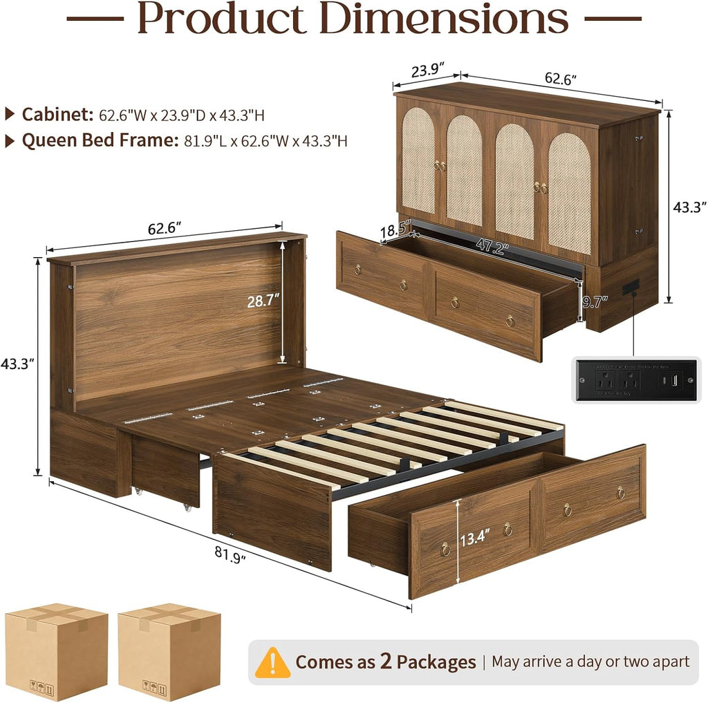Queen Murphy Bed with Charging Station - Rattan Queen Bed Frame with Storage Drawers, Wood Cabinet Beds for Guest