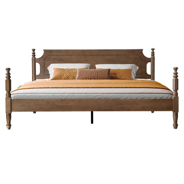 Solid Wood King Size Bed Frame with Headboard & Footboard, Platform Bed, Central Metal Legs, 12 Sturdy Slats, Under