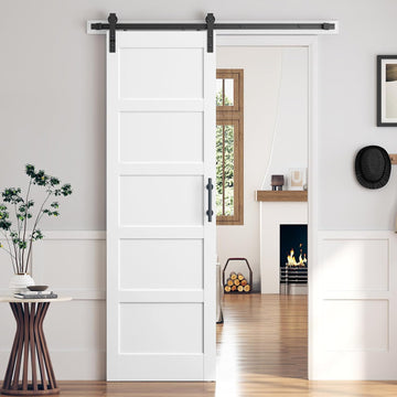 30x96 Inch White Sliding Barn Door Slab with 5.5ft Hardware Kit Included, 5-Panel, MDF Wood Panel Co