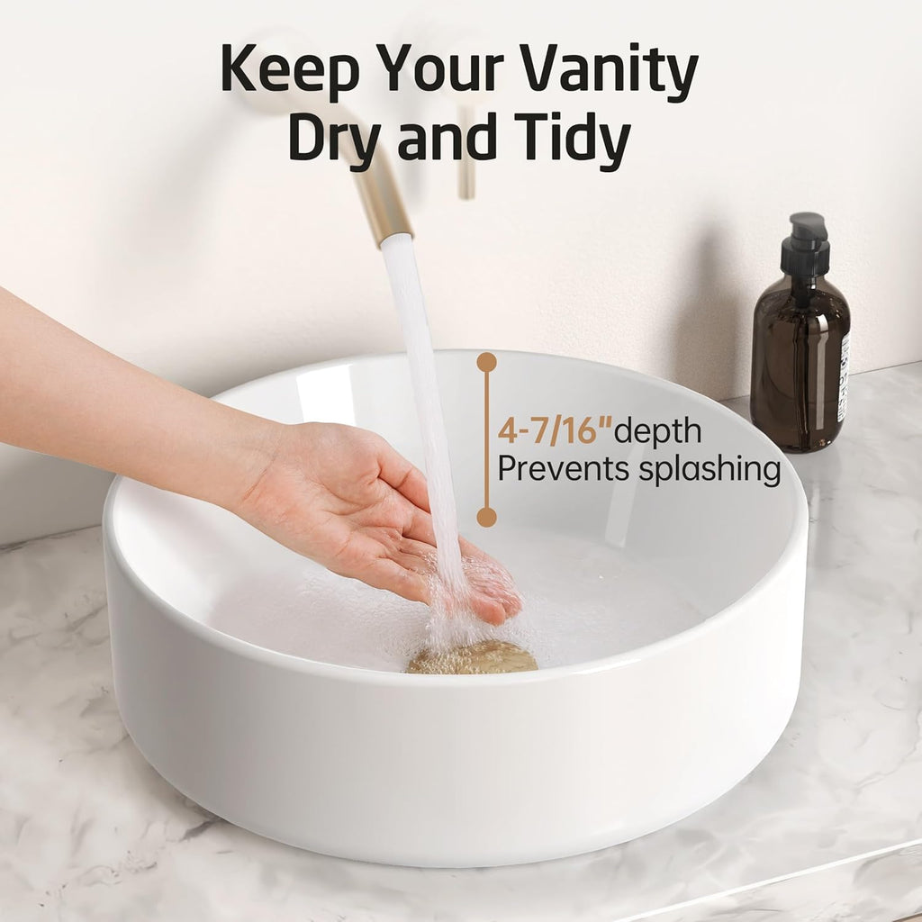 KES Round Vessel Sink, Bowl Sinks for Bathrooms 16 Inch Sink Bowl Above Counter Small Circular White Ceramic Vessel