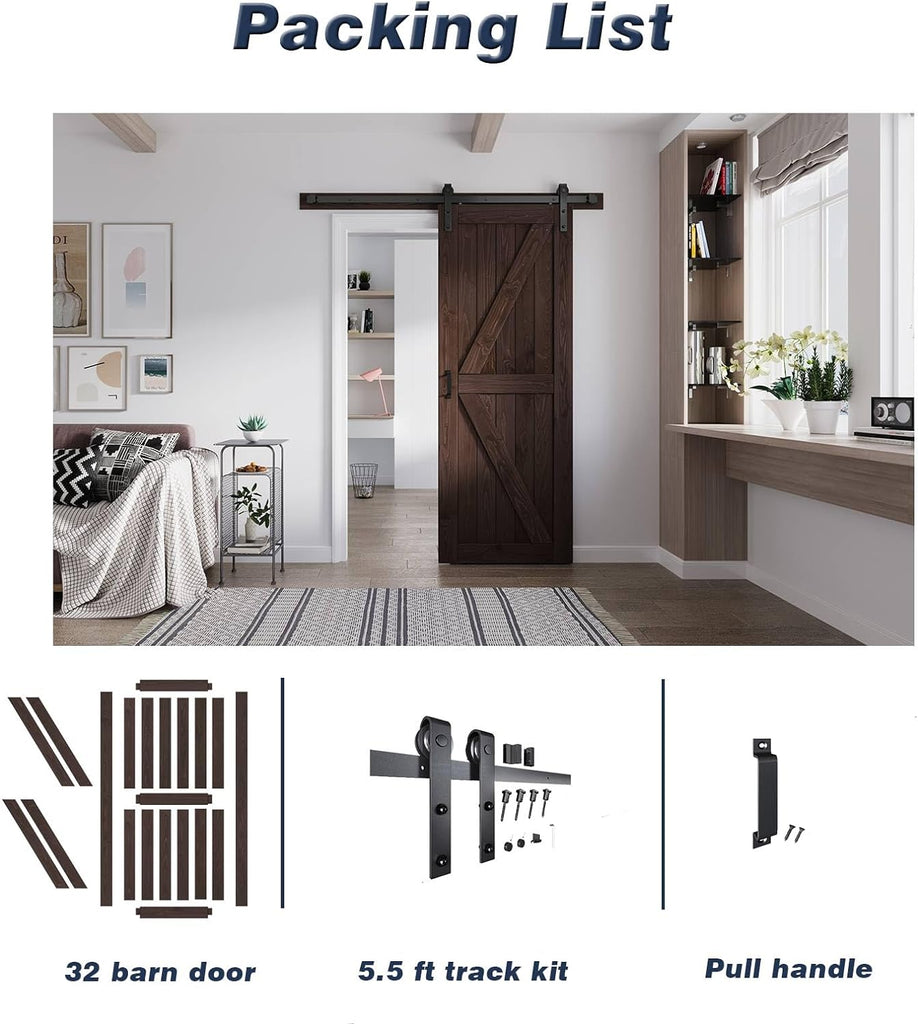 32in x 84in Brown Wood Barn Door with 5.5ft Barn Door Hardware Track Kit Included, Double Surfaces,S