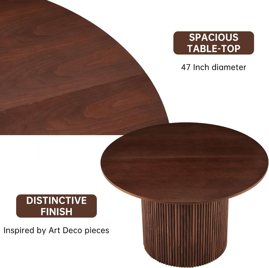 47 Inch Round Dining Table with Walnut Veneer, Rustic Farmhouse Style Kitchen Dinner Table for 4 - 6 People, MDF Core