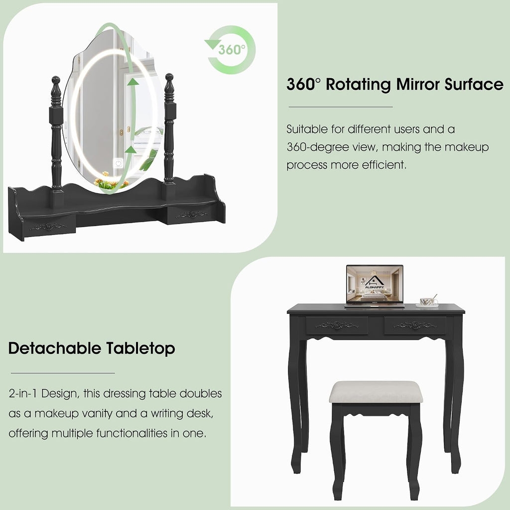 Vanity Desk with Mirror and Lights, Makeup Table with Cushioned Stool Set | Modern Vanity with 4 Drawers, 3 Color