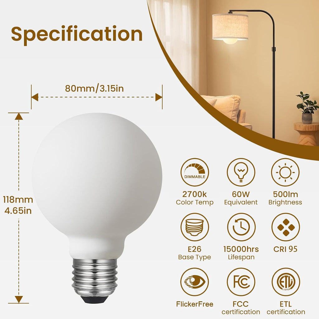 LED Light Bulb G25/G80 Dimmable Flick-Free Matt Porcelain White 120V 6W 2700K CRI95 High Color Accuracy Light Globe (4-Pack)