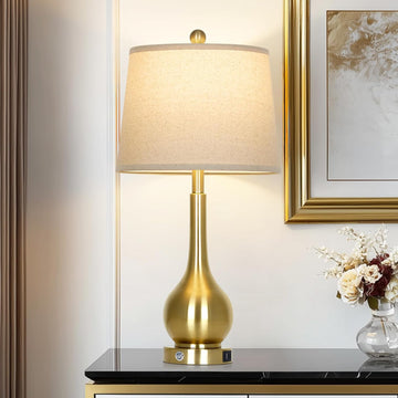 26" Gold Table Lamp Single, Touch Control Bedside Lamp, 3-Way Dimmable End Table Lamp with USB Charging Port (1 Pack)