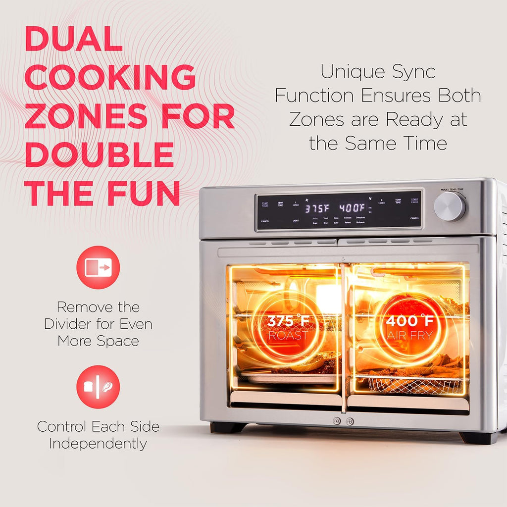 Dual Zone Air Fryer French Door Oven - 32 Quatity Convection Toaster Combo, 10-in-1 Multifunction Up to 450° - 1800W