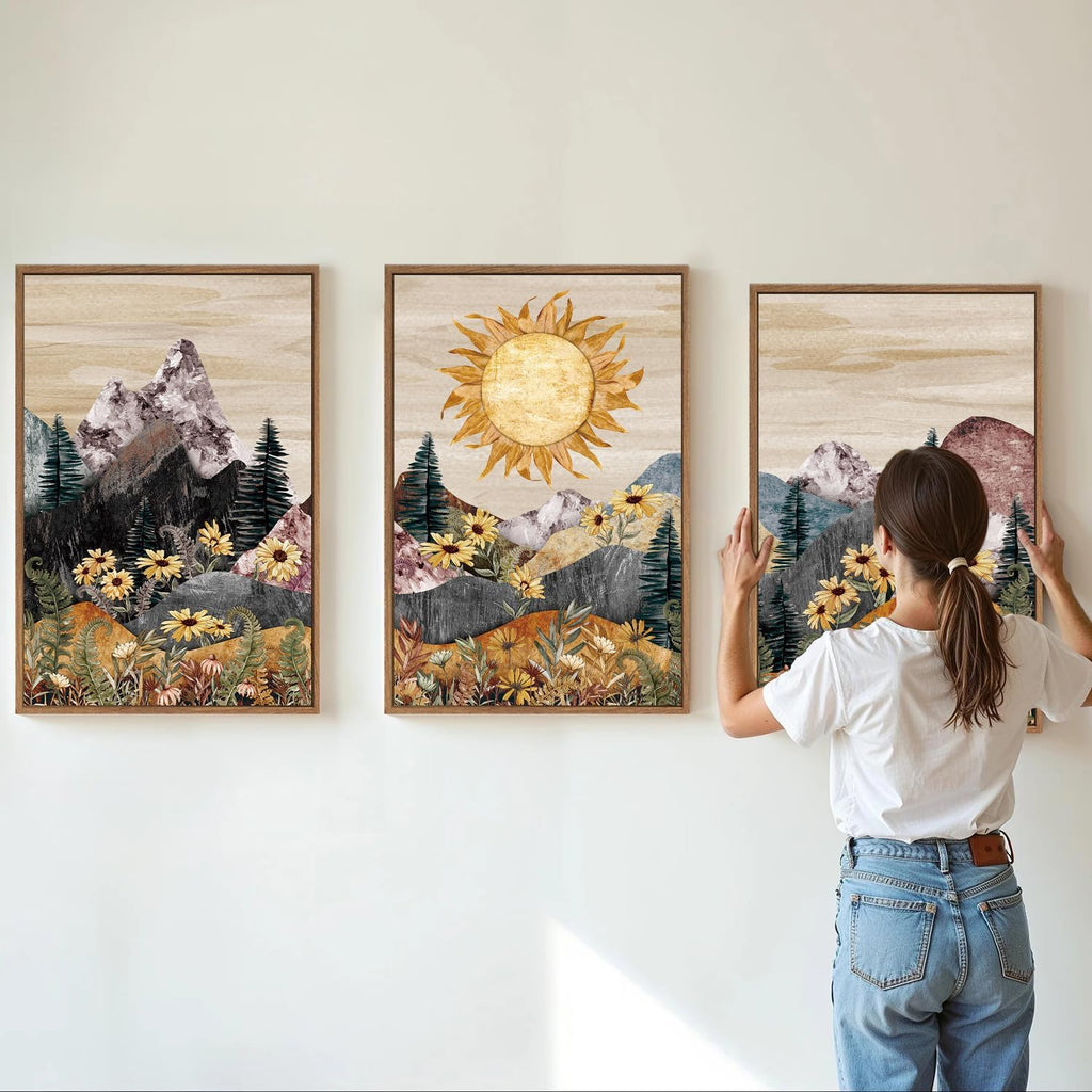Boho Mountain Framed Canvas Wall Art, Western Daisy Floral Landscape Wall Decor, Rustic Fern Flowers Art Painting