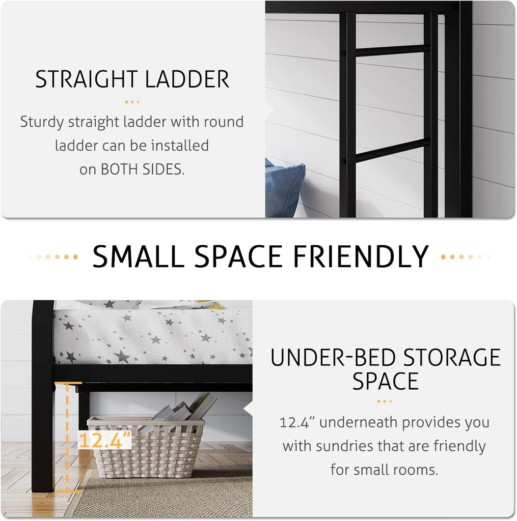Loft Bunk Bed Twin Over Full with Ladder and Guardrail,Heavy Duty Metal Slats Support No Box Spring Needed Small Space