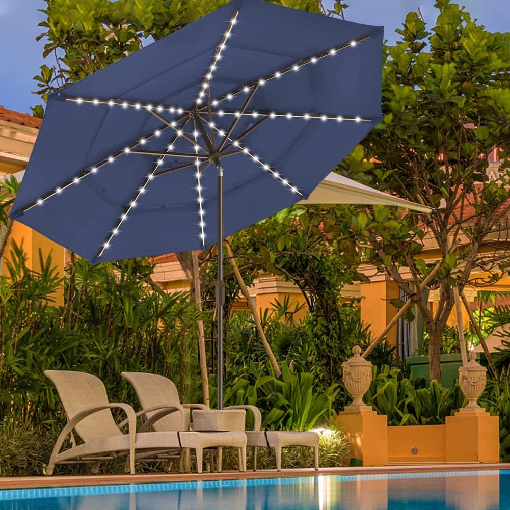 USA 10-Year-Non-Fading 9ft 3-Tier Market Patio Umbrella, Commercial Table Umbrella with 80 Solar LED Lights - Navy Blue