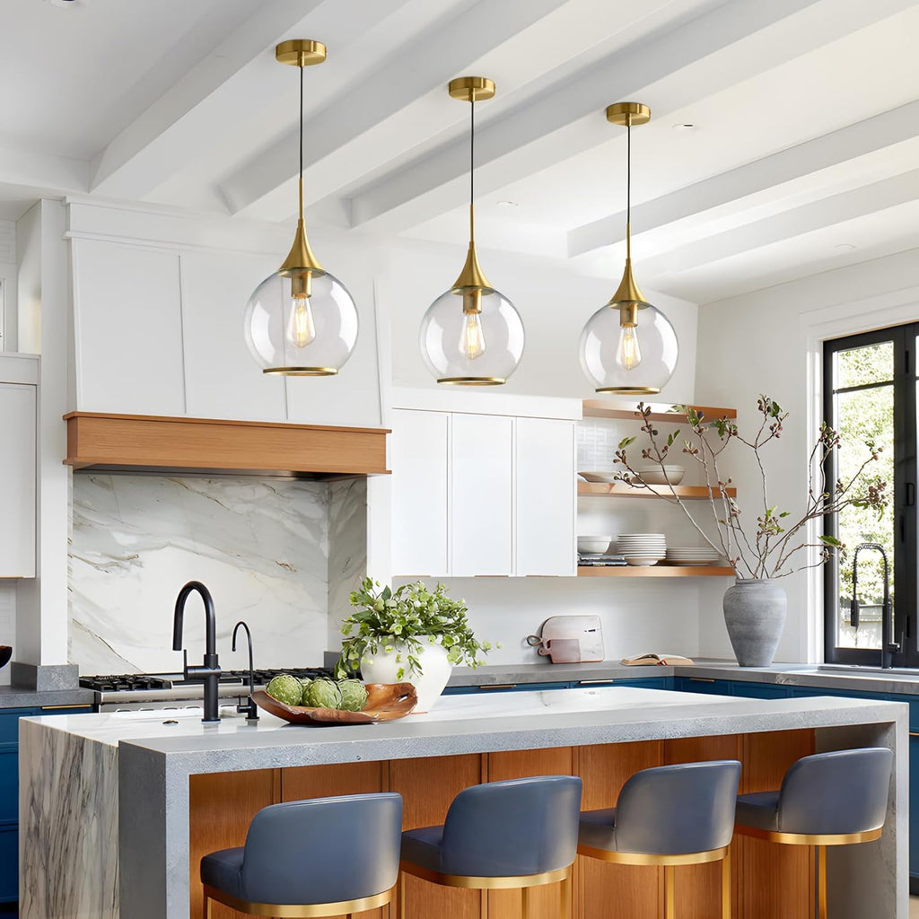 Pendant Lights Kitchen Island: Brushed Gold Light Fixture Farmhouse with Clear Glass - 10 Inch Mid Century Globe