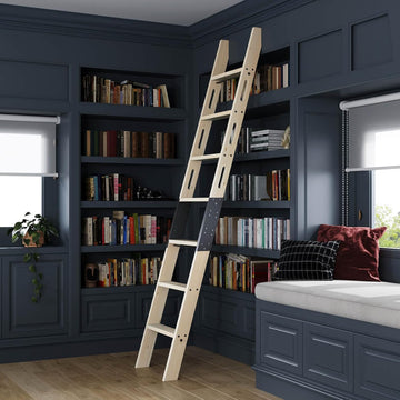 Rolling Library Ladder 8ft,450lbs Capacity,7 Steps with Build-in Handrail,Solid Wood,Easy Assembly for Loft Bookshelf