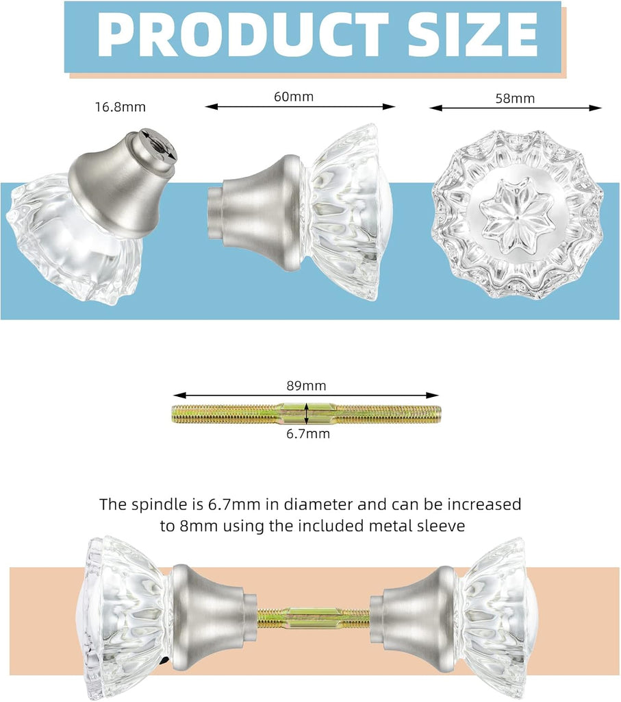 Crystal Glass Door Knobs Interior with Spindle, Brushed Nickel, 1 Pack
