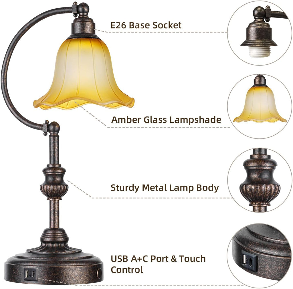 Farmhouse Table Lamp, 3-Way Dimmable Rustic Nightstand Lamp with USB A+C Ports