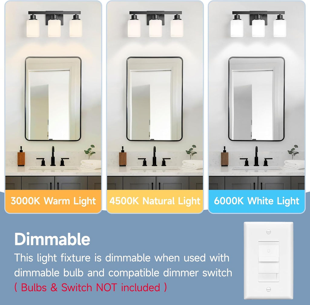 3-Light Bathroom Vanity Light,Modern Matte Black Bathroom Light Fixtures with Square Frosted Glass,Wall Sconces