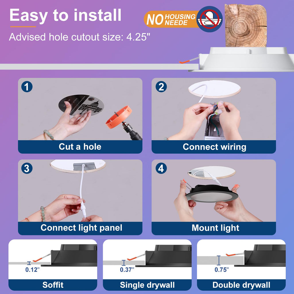 Smart Recessed Lighting 4 Inch Black RGBCW Color Changing 12W LED Downlight with Junction Box,1080 Lumen Recessed