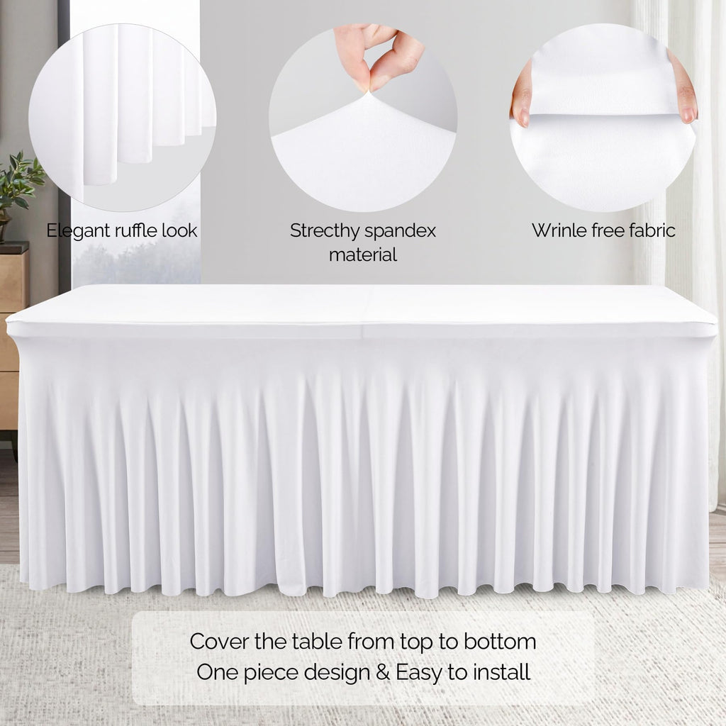 Care 12 Pack White Spandex Table Clothes for 6 Foot Rectangle Tables, 6FT Wrinkle Free Fitted Tablecloths Ruffles