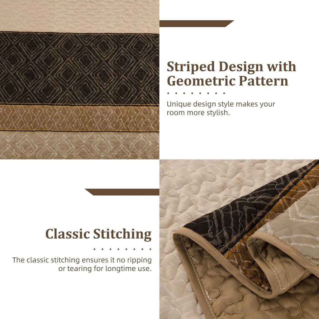 Light Brown King Quilt Set,3 Pcs Boho Striped Plaid Bedspread - Set of 3