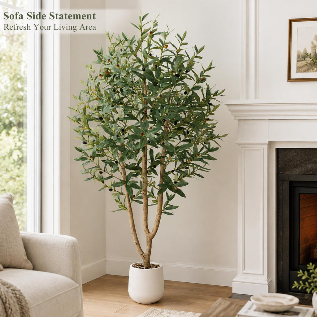 6FT Olive Trees Artificial, Large Faux Olive Tree with White Tall Planter, Faux Tree Indoor with Lush Lifelike Fruits