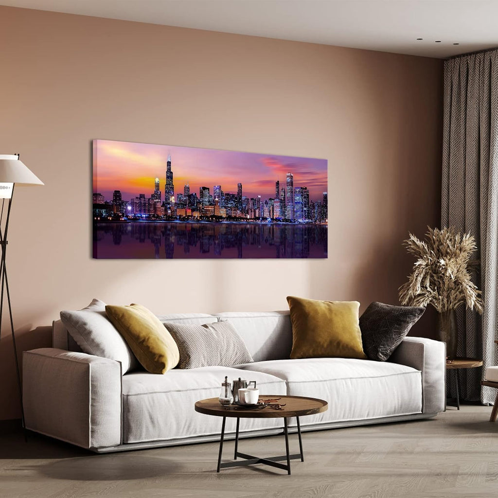 Large Chicago Canvas Modern City Skyline Wall Art Downtown Night Picture Prints Ready To Hang 20"X48"