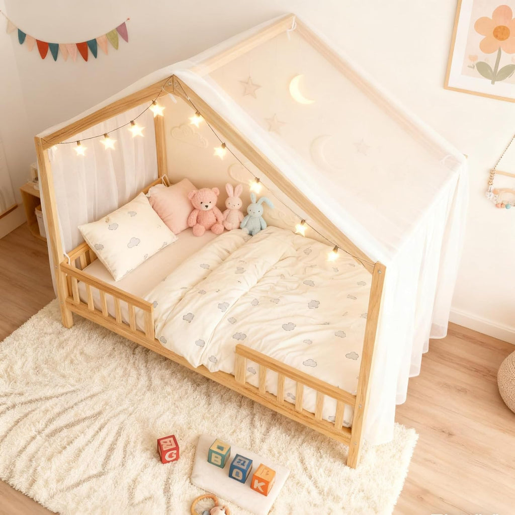 Full Size Montessori Toddler Floor Bed with Canopy and Roof,Wooden House Beds Frame for Kids,Montessori Floor Bed