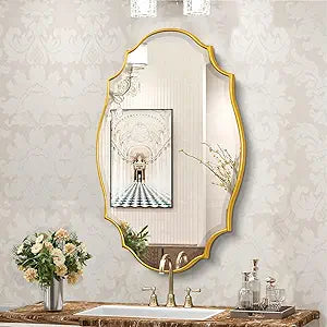 Scalloped Oval Wall Mirror, 24“X36” Gold Bathroom Vanity Mirror, Ornate Decorative Mirror, Washroom, Bedroom