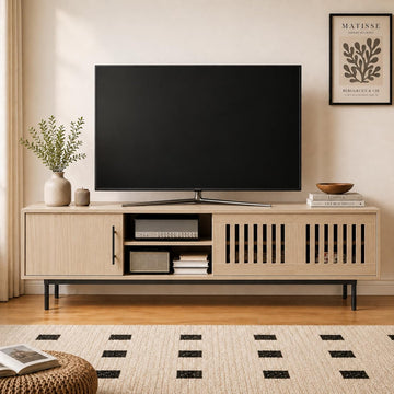 Mid Century Modern TV Stand for TV up to 70 inch, Entertainment Center with Sliding Barn Doors & Adjustable Shelve