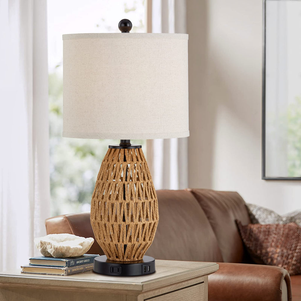 Touch Control Rattan Table Lamp, 3 Way Dimmable Bedside Lamp with 2 USB Ports and AC Outlet, Wicker Nightstand Lamps