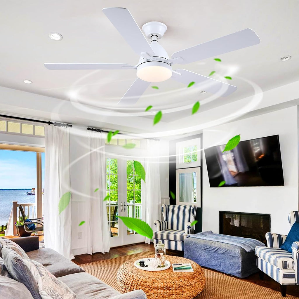 Ceiling Fans with Lights, 52inch Low Profile Ceiling Fan with Light and Remote Control,Reversible, 3CCT, Dimmable, Quiet, White Ceiling Fan for Bedroom Indoor/Outdoor Use