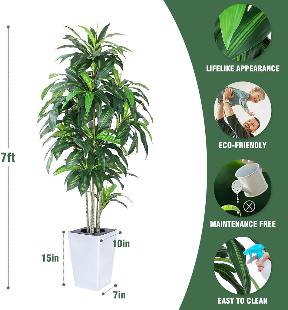 Dracaena Tree with White Tall Planter, 7ft Tall Potted Artificial Dracaena Silk Plant, Fake Yucca Tree Plant, Home