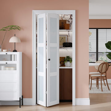Preassembled Bi-Fold Doors, for 32"x 80" Opening,Tempered Frosted Glass Closet Folding Barn Door with Concealed
