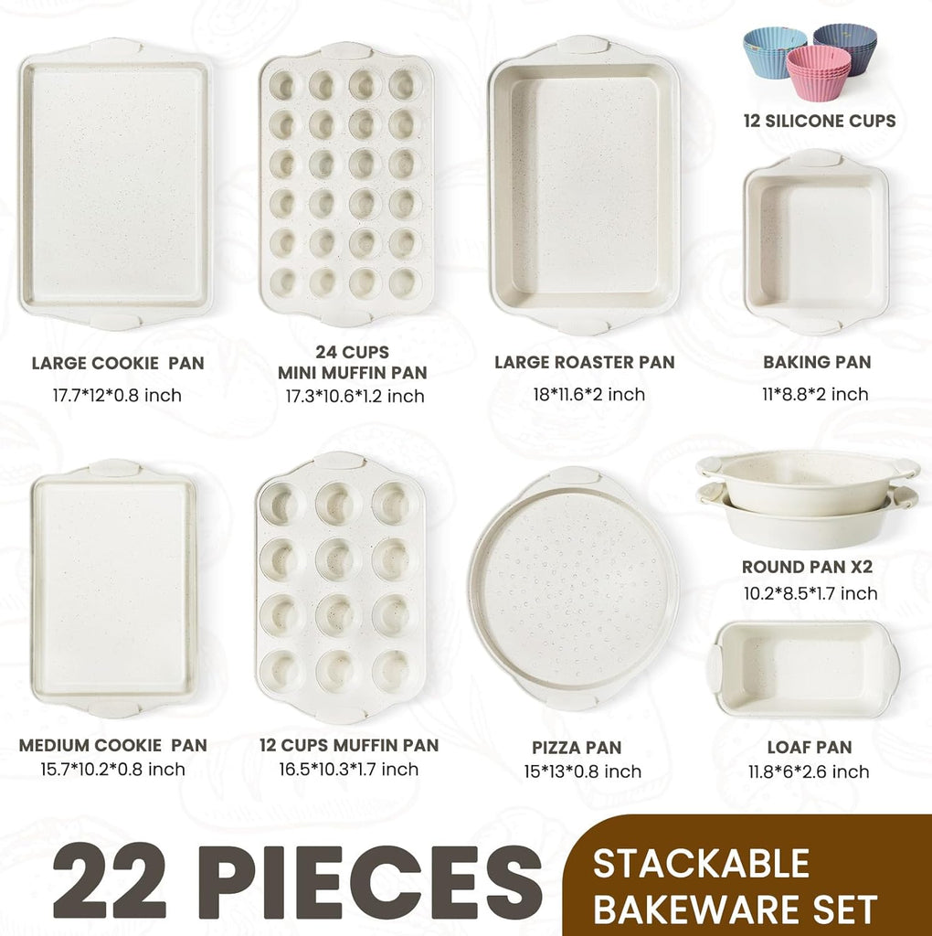 22 PCS Nonstick Pans Set, Stackable Bakeware Sets with Silicone Handles, 450°F Oven Safe Sheet Set, Easy Release