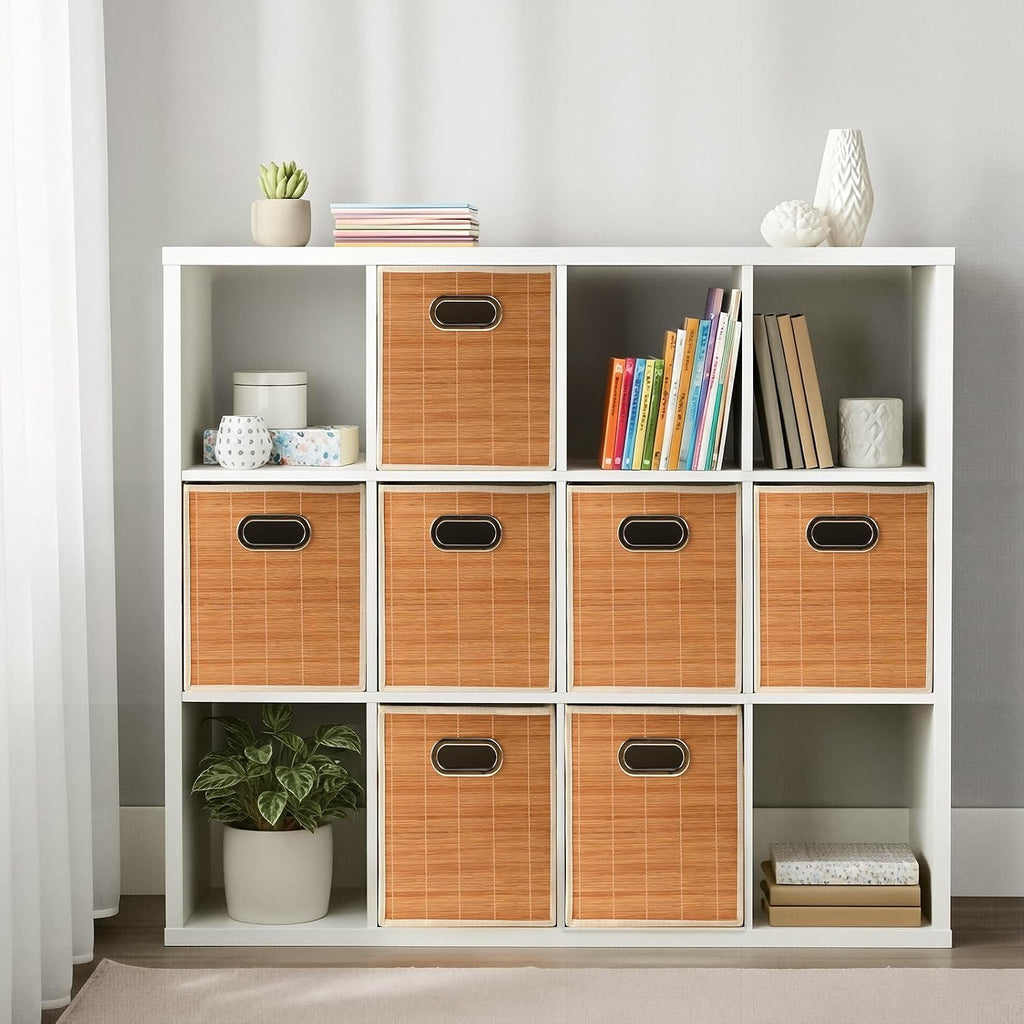 10.5x10.5in Bamboo Storage Cubes Storage Baskets, 6-Pack Foldable Handwoven Bamboo Strip Wicker Basket, Wicker Cube
