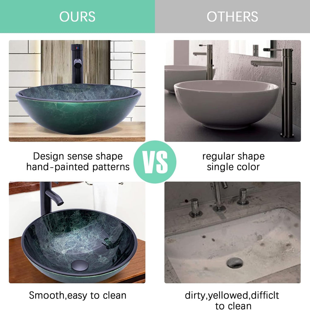 Vessel Sink 16.5" Bathroom Sinks Tempered Glass Green Art Basin Round Bowl with Faucet Combo Green,Countertop Bowl