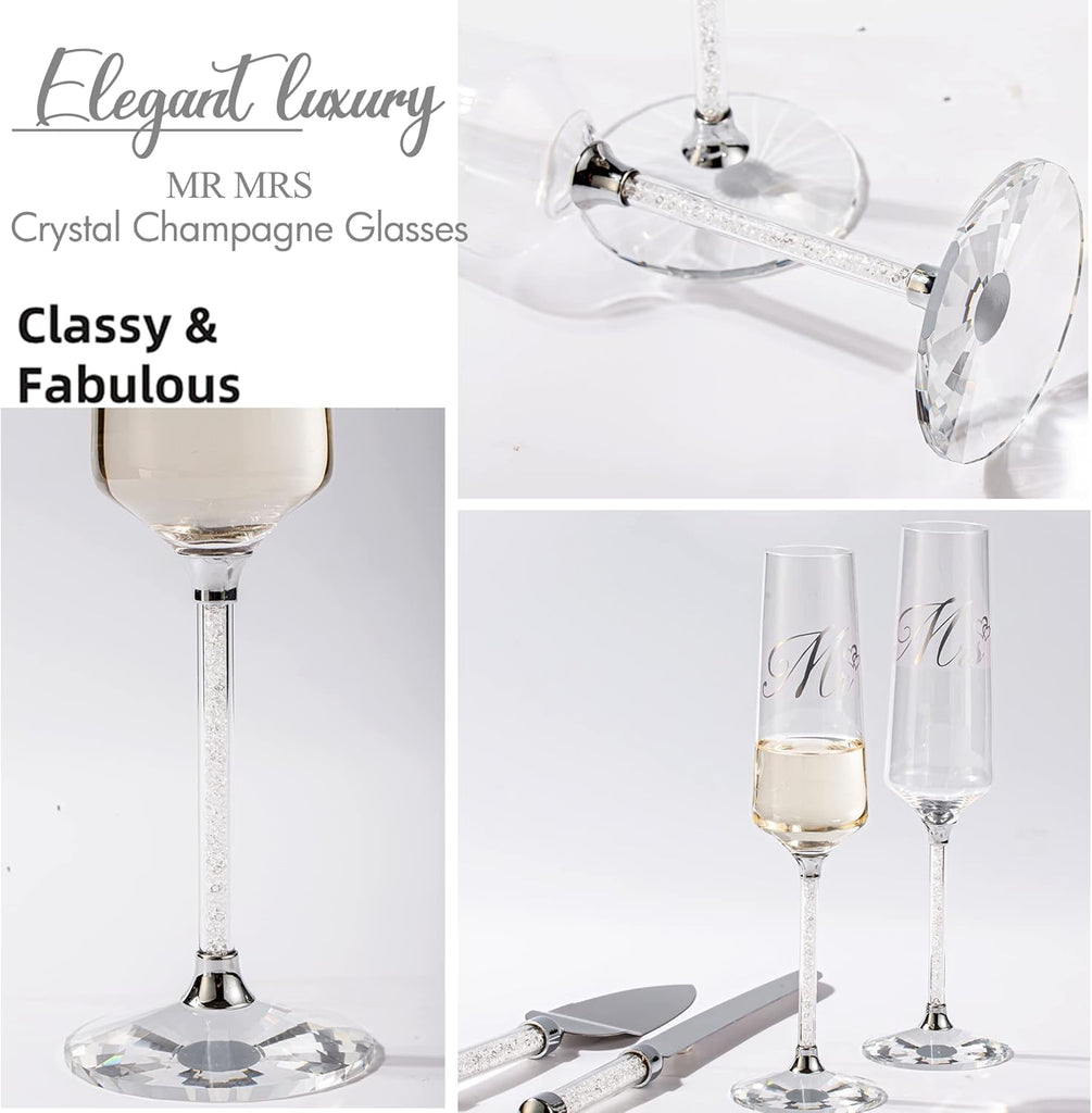 Wedding Cake Knife and Server Set, Mr and Champagne Flutes with Wedding Cake Cutting Set for Bride and Groom Toasting