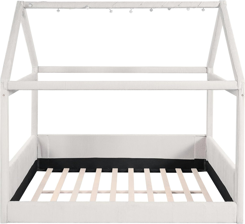 & Bright Designs Full Size Upholstered House Bed for Kids, Montessori Floor Bed with LED Light Strips, House Floor