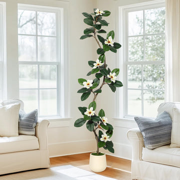 Rubber Tree 7 ft Artificial Tree in White Planter Pot, Indoor
