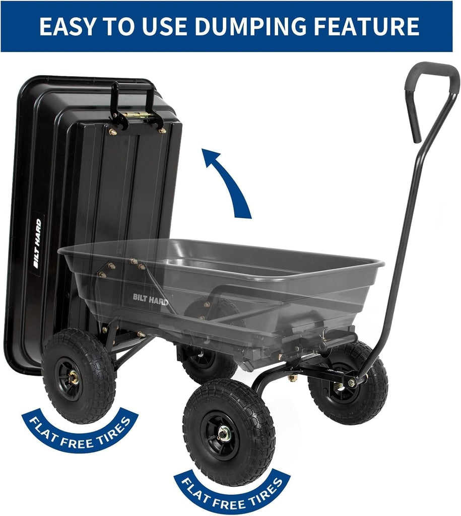 4 Cu.Ft. 10" No-Flat Tires Poly Yard Dump Cart with 180° Rotating Handle, 600 lbs Capacity Heavy Duty Garden Carts