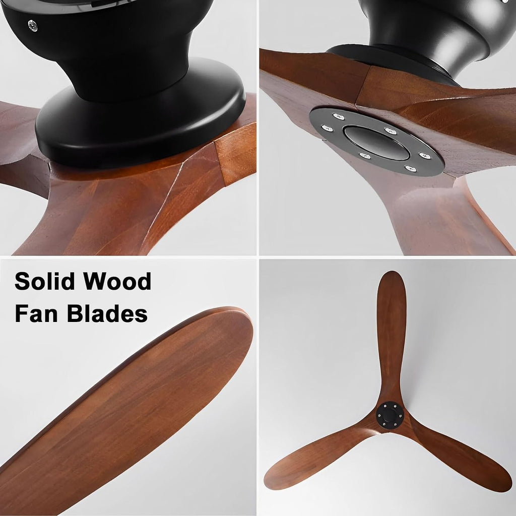 Solid Wood 60in Ceiling Fan Without Lights Flush Mount Ceiling Fans with Remote Control 6 Speeds