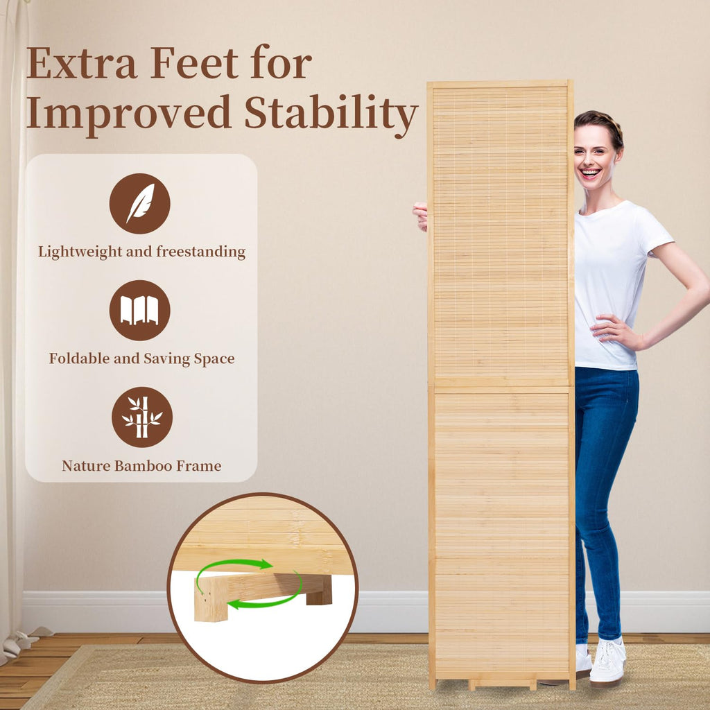Bamboo Room Divider 6 Panel Wall Divider, Folding Screen W/Extra Stable Base