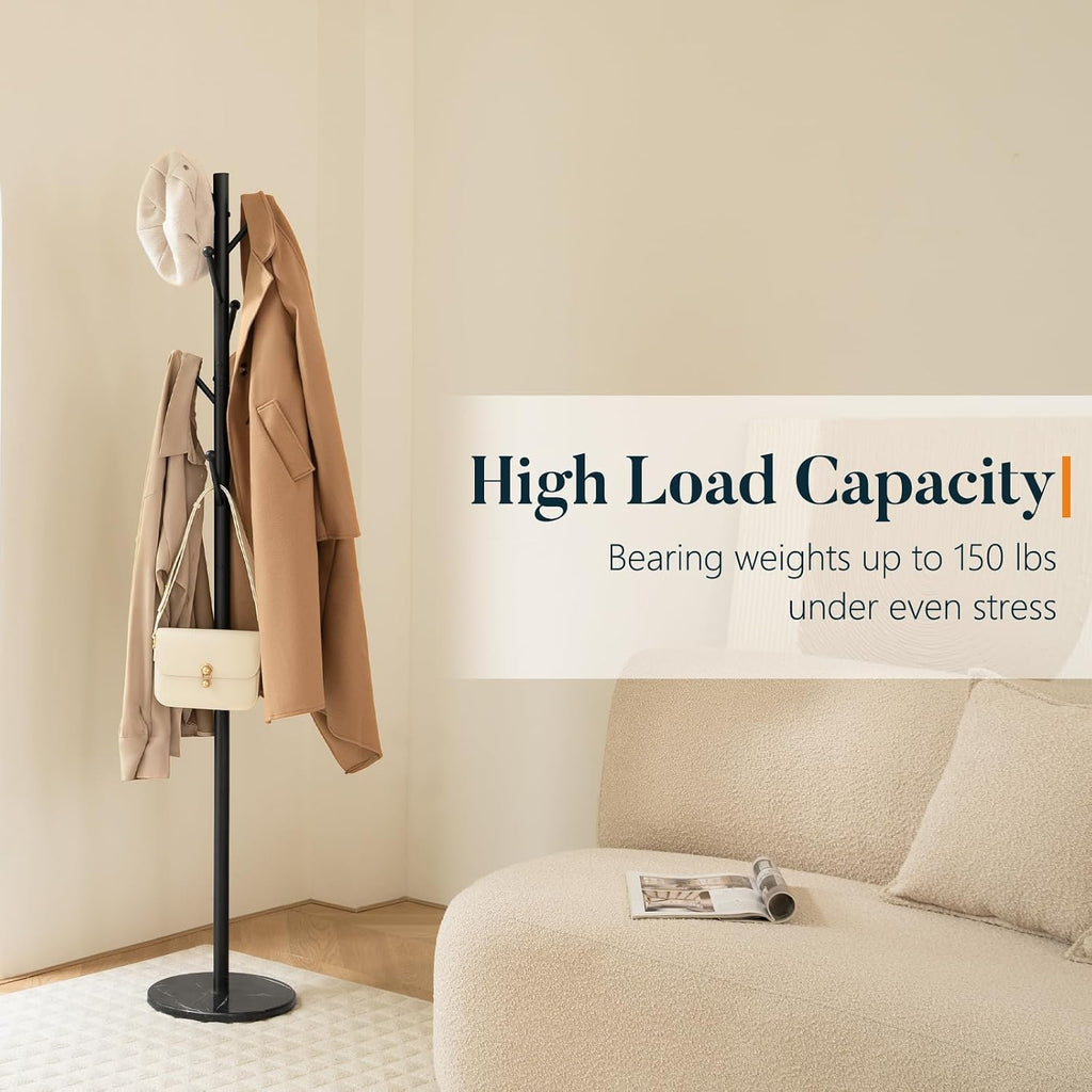 Coat Rack Freestanding with Natural Marble Base - Coat Tree with 8 Hooks Heavy Duty Coat Hanger Stand, Metal Coat