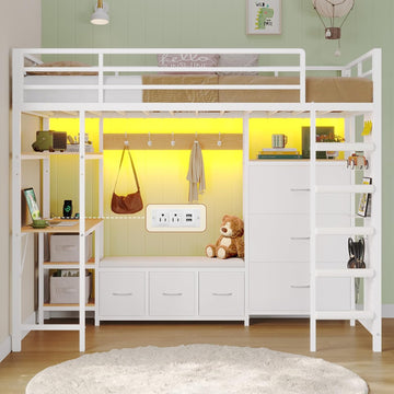 Twin Loft Bed with 6 Storage Drawers,Coat Rack and Open Shelves Metal Twin Loft Bed with Desk,Charging Station and LED