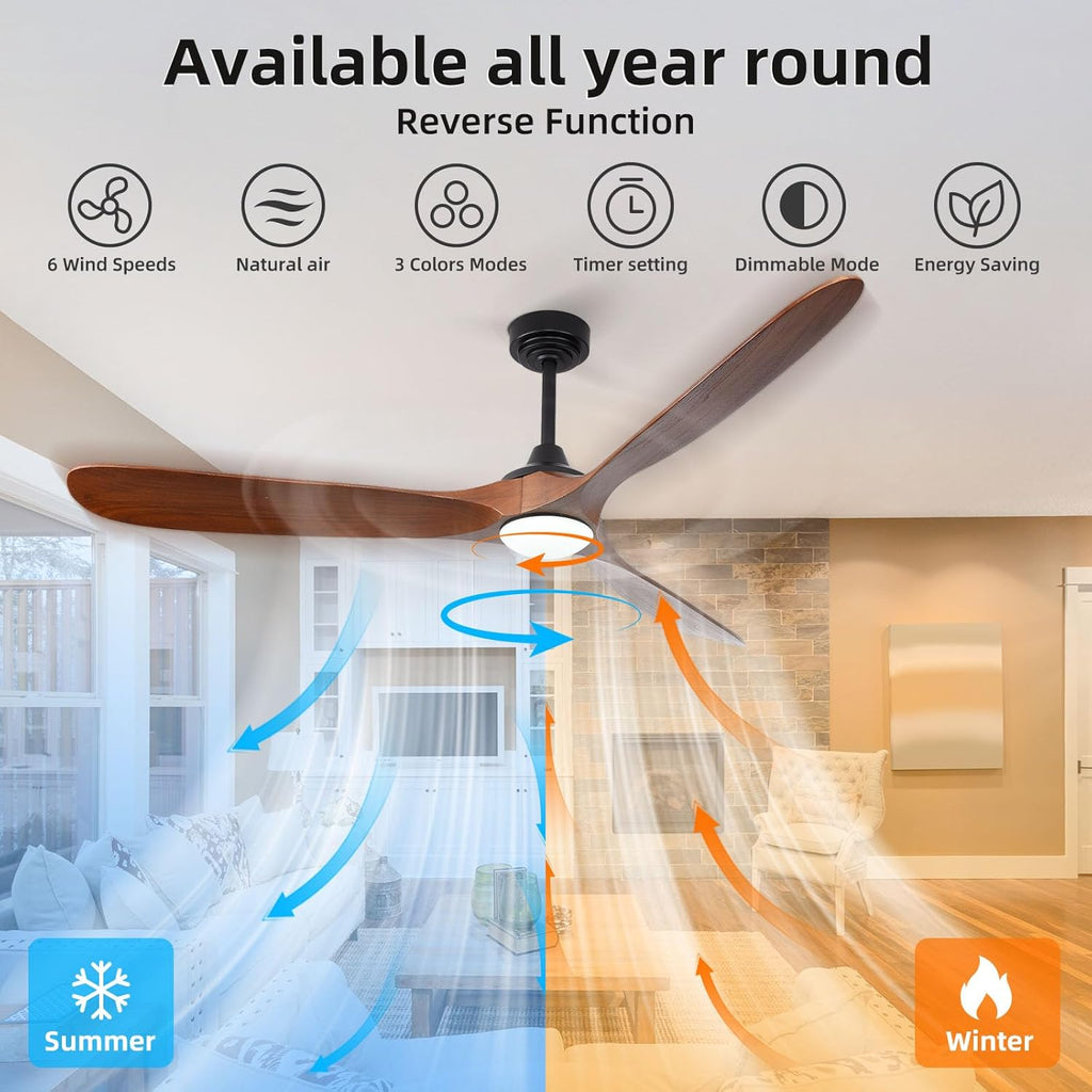 Inspired Maverick Style Fan - 72 Inch Solid Wood Ceiling Fan with Light and Remote, Quiet DC Motor, Smart App & Voice Control - Walnut
