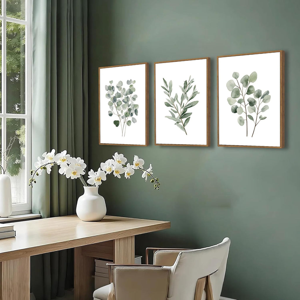 3 Piece Green Botanical Framed Wall Art Boho Eucalyptus Leaf Canvas Art Prints Watercolor Plant Pictures Wall Decor